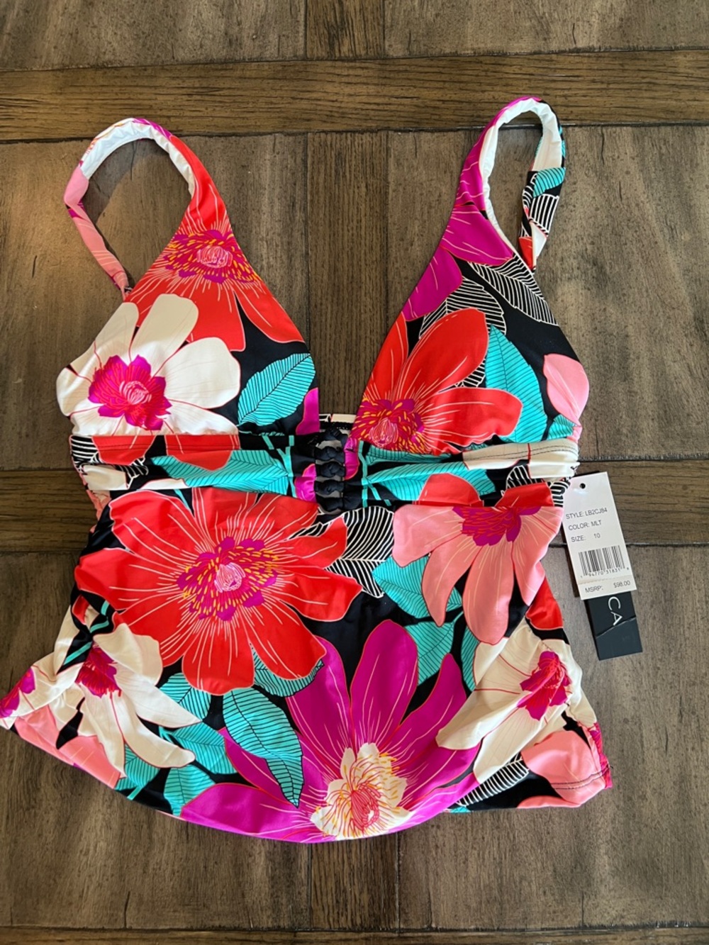 La Blanca Black Floral V-Neck Tankini Top with Red, Pink & Teal Accents